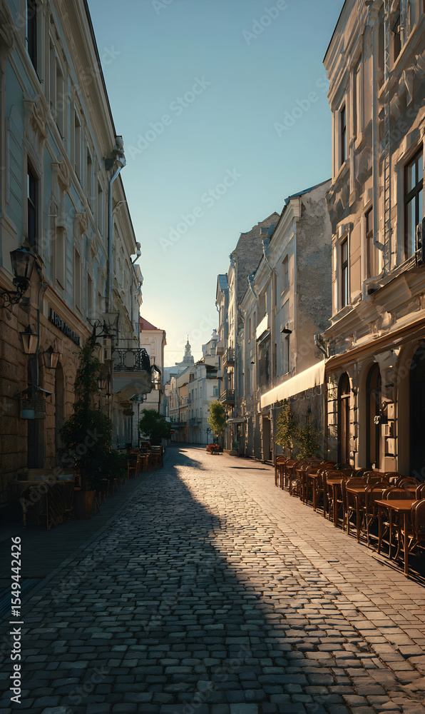 Fototapeta premium Charming morning light illuminates a historic cobblestone street lined with elegant buildings and inviting cafes in an old european city
