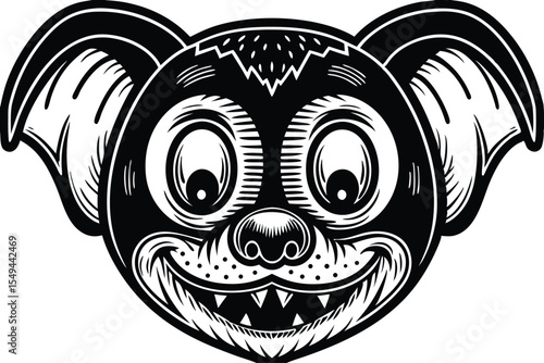 Stylized koala shows sharp, menacing teeth in an animalistic monochrome design