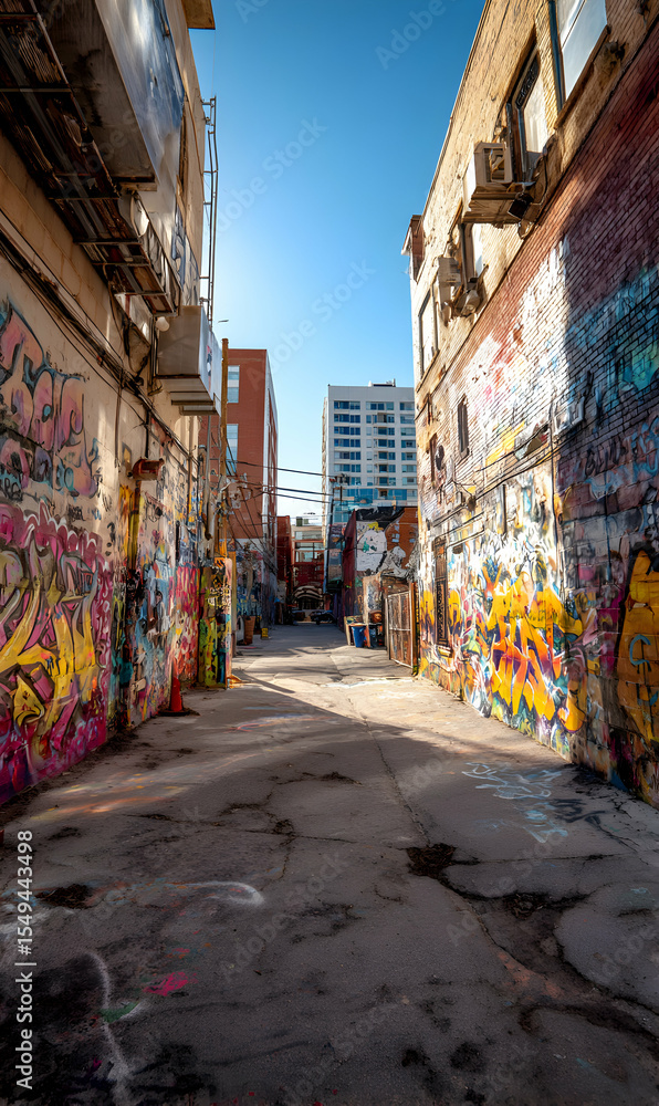 Fototapeta premium Urban alleyway canvas vibrant graffiti and weathered charm showcasing the city's artistic pulse and hidden stories beneath the vast clear blue sky