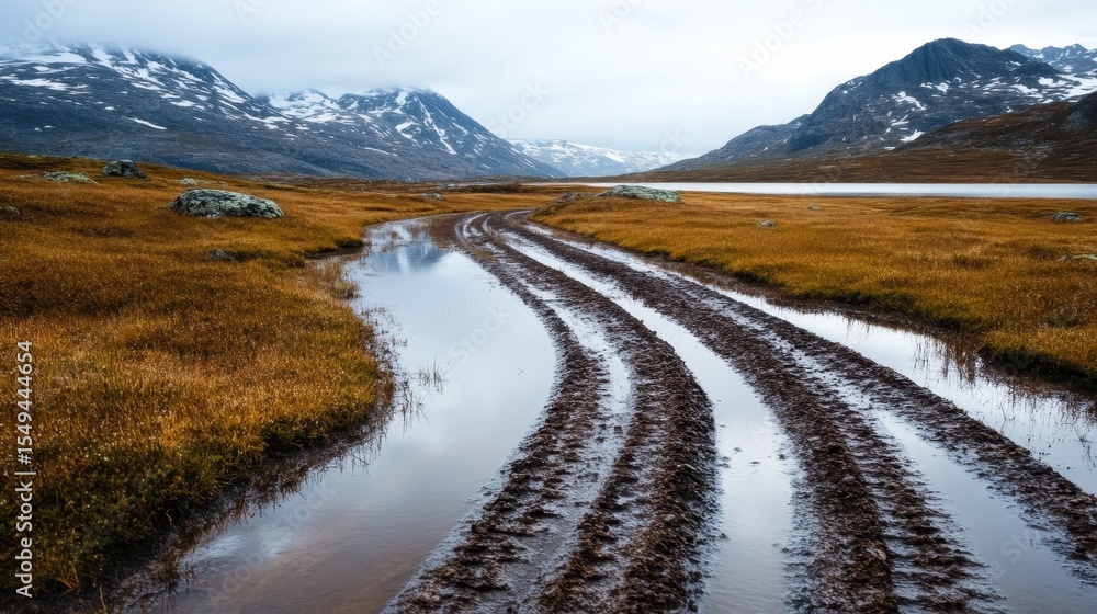 A reflective muddy pathway winding through an autumn landscape, characterized by golden fields and distant mountains that convey a sense of adventure and exploration. A reflective muddy pathway winding through an autumn landscape, characterized by golden fields and distant mountains that convey a sense of adventure and exploration.
