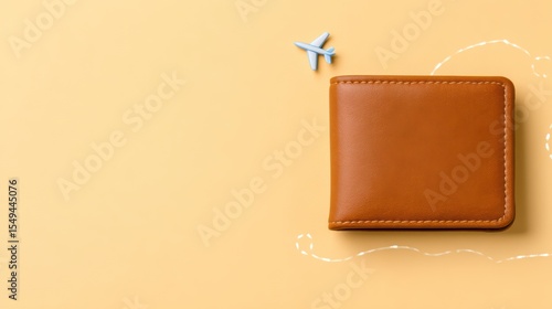 Stylish brown leather wallet on yellow background with small airplane decoration for travel finance concept