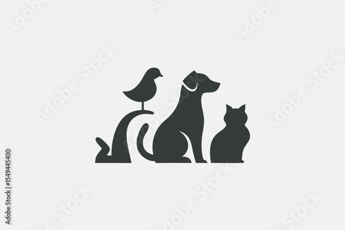 Silhouettes of Common Pets – Bird, Dog, Cat, and Rabbit in Playful Pose on White Background