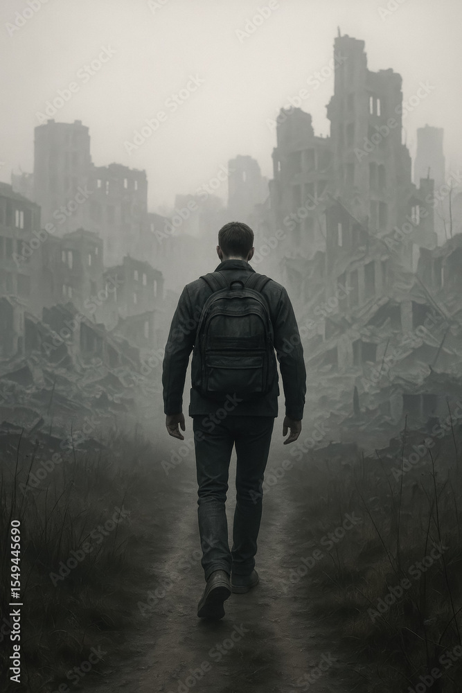 Obraz premium Lone traveler with backpack strides through foggy ruins of war-torn city, depicting resilience, survival and uncertain future, generative AI