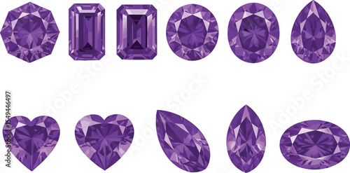 Vivid Purple Gemstones: A Collection of Sparkling Diamond Shapes for Jewelry Design and Illustration flat vector illustration