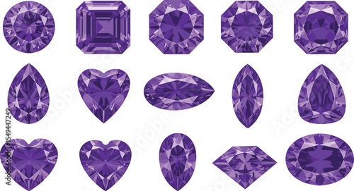 Vivid Purple Gemstones: A Collection of Sparkling Diamond Shapes for Jewelry Design and Illustration flat vector illustration