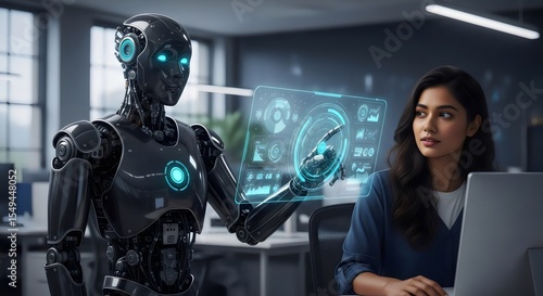 Robot and woman interact with futuristic technology interface in modern office setting showcasing artificial intelligence