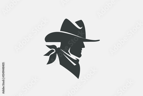 Silhouette of Cowboy Wearing Hat and Bandana – Western Profile on Light Background