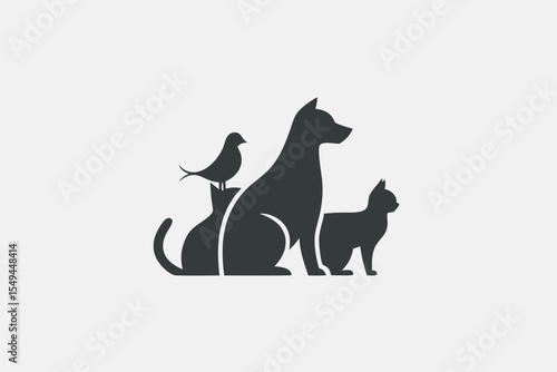 Silhouettes of Bird, Dog, Cat, and Rabbit Together – Minimal Pet Companions Illustration on Light Background