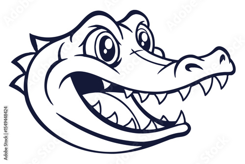 Outlined cartoon alligator head showcases sharp teeth and a broadly opened mouth with an enthusiastic grin