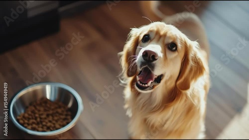 A golden retriever looks up with an eager expression next to a bowl of dry dog food