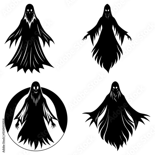 Four black and white spooky ghosts with long flowing robes and eerie faces in various compositions
