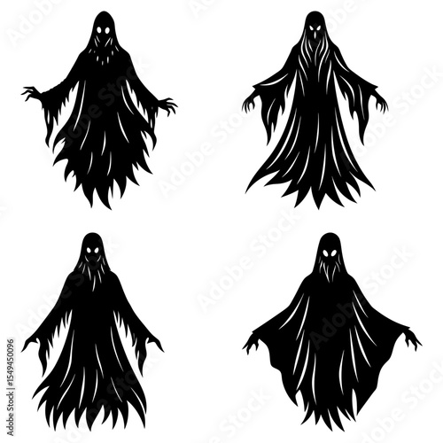 Four black silhouette figures of ghostly apparitions floating with outstretched arms on a white background