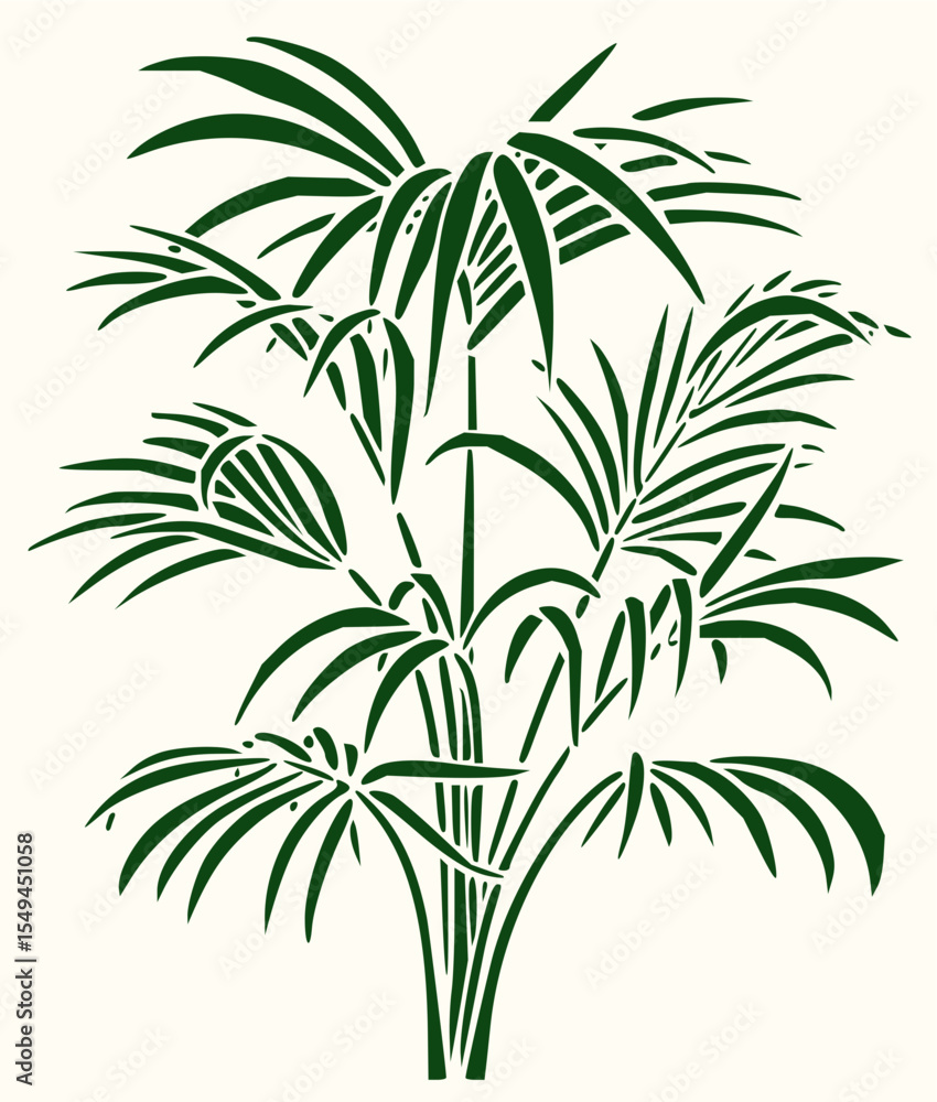 Minimilist illustration of a green leafy plant with long stems and multiple fronds in a stylized manner vector Minimilist illustration of a green leafy plant with long stems and multiple fronds in a stylized manner vector