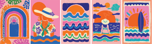Colourful abstract summer background collection. hand drawn doodle style