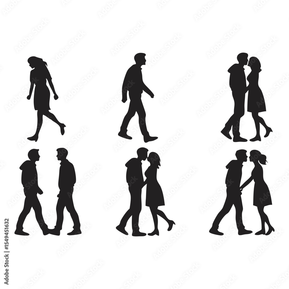 Fototapeta premium Silhouette Love: A collection of six silhouettes depicts the tender moments of a couple - walking, embracing, and kissing - symbolizing connection and togetherness.