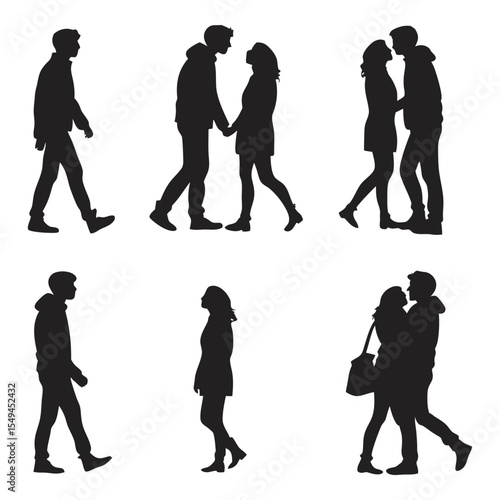 Silhouette Serenade: A romantic tableau unfolds with stylish black silhouettes, capturing moments of connection and affection between pairs and individuals.