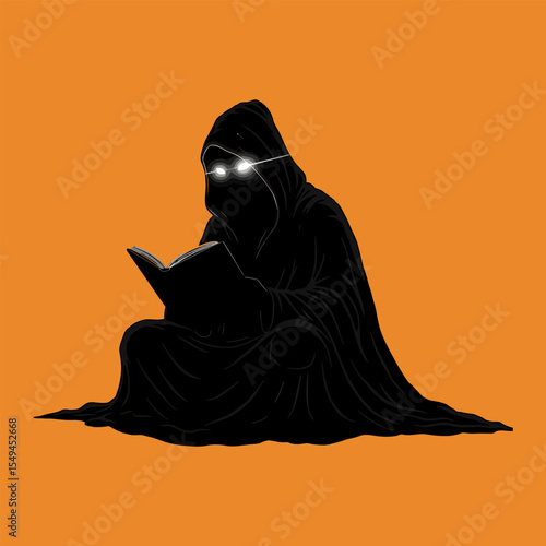 Grim Reader A cloaked figure illuminated by glowing eyes intently engrossed in a book amidst an orange void of isolation