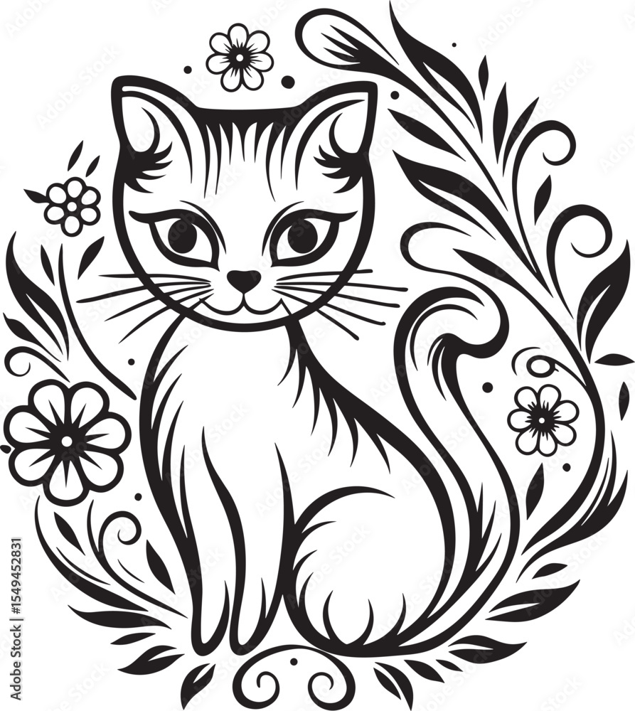 Fototapeta premium A cat is sitting in the flower garden, vector graphic design