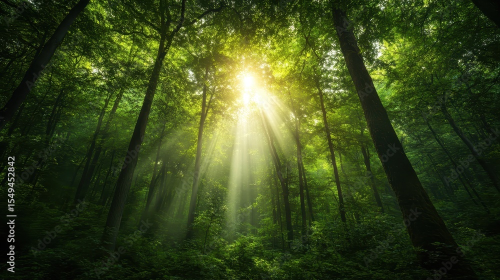 Obraz premium This captivating image features sunlight piercing through the dense canopy of trees in a serene forest, creating a magical atmosphere illuminated by natural beauty and tranquility.