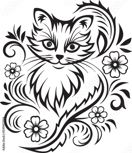 A cat is sitting in the flower garden, vector graphic design