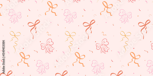 Cute Bows Seamless Pattern, Pink, Background with Hand Drawn Bows, Vintage, Vector