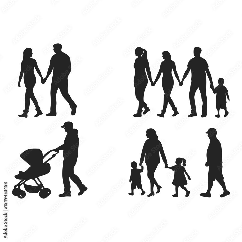Fototapeta premium Family Silhouette Collection: A collection of silhouettes depicting family life, showcasing the bonds of parents with children during leisure, joy, support, and love. 