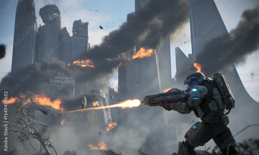 Obraz premium Futuristic Soldier Firing Weapon in War-Torn Urban Landscape