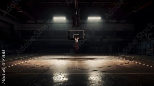 Empty basketball court illuminated by overhead lights in a dark gymnasium