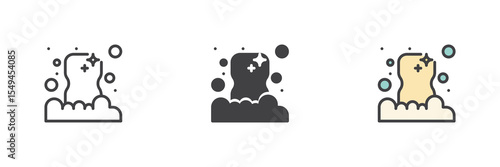 Foam soap icon set in line, solid and filled outline style
