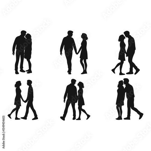 Silhouette Couples in Love: A set of silhouettes showing romantic moments between couples. Capturing intimacy and affection, with love, relationship, romance, tenderness.