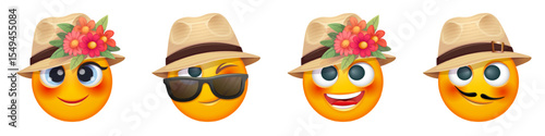 Summer emoji with straw hat, sunglass and tropical flowers on white background. Cheerful summer emoticon with happy smiling face shows joy. Positive vibes, good mood, vacation, travel, holiday concept