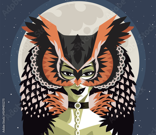 sensual woman in owl mask with feathers