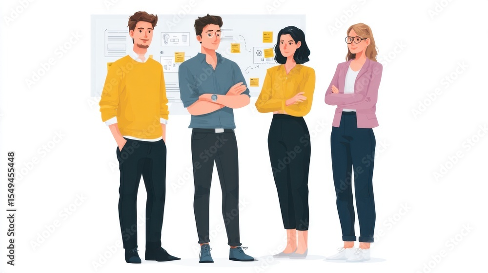 Obraz premium Diverse group of four young professionals engaged in a business discussion in a modern office setting with documents and digital devices on the wall behind them
