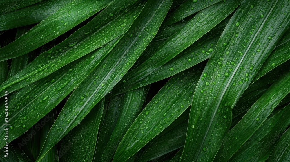Fototapeta premium A close-up of vibrant green leaves adorned with glistening water droplets, symbolizing freshness and rejuvenation, inviting viewers into the natural beauty of foliage.