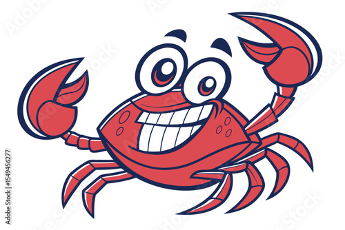 Playful red crab with white teeth and bulging eyes raises its claws cheerfully