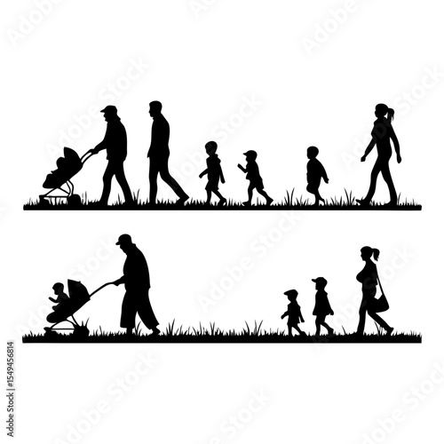 Family Generations Silhouette: A poignant silhouette depicting two family units, showcasing the progression of life from infancy to adulthood, symbolizing family bonds across generations.