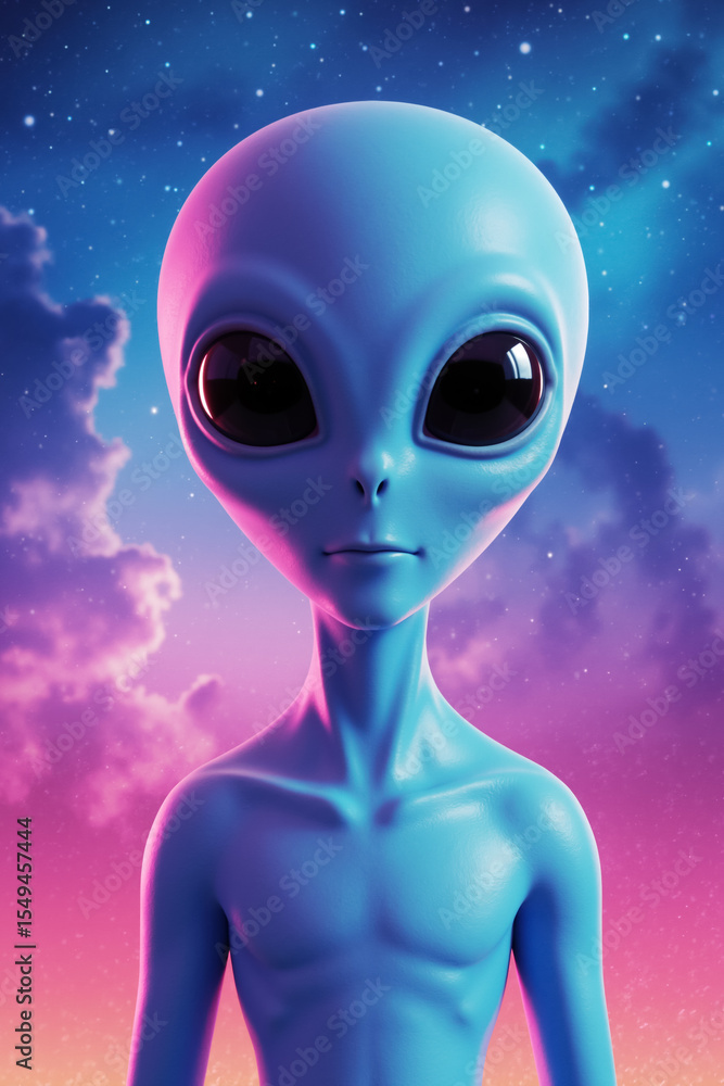 Vertical portrait of a blue alien against a dreamy pink sky. 3D extraterrestrial character with dramatic lighting. Vertical portrait of a blue alien against a dreamy pink sky. 3D extraterrestrial character with dramatic lighting.