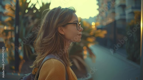 A woman wearing glasses and a yellow sweater is walking down a street. She is carrying a backpack and looking ahead