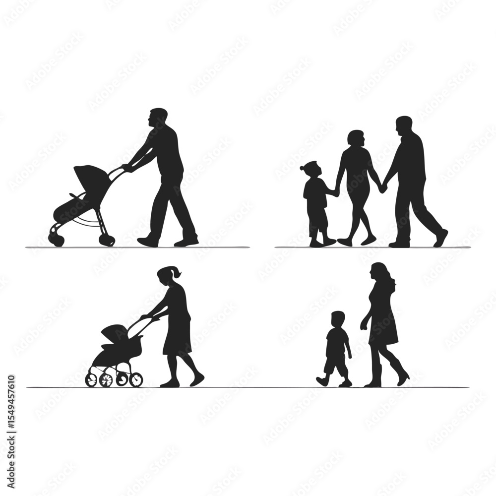 Fototapeta premium Family Silhouette Set: A series of simple black and white silhouette images capture family dynamics, featuring parents walking with stroller and children, offering versatile concepts for family.
