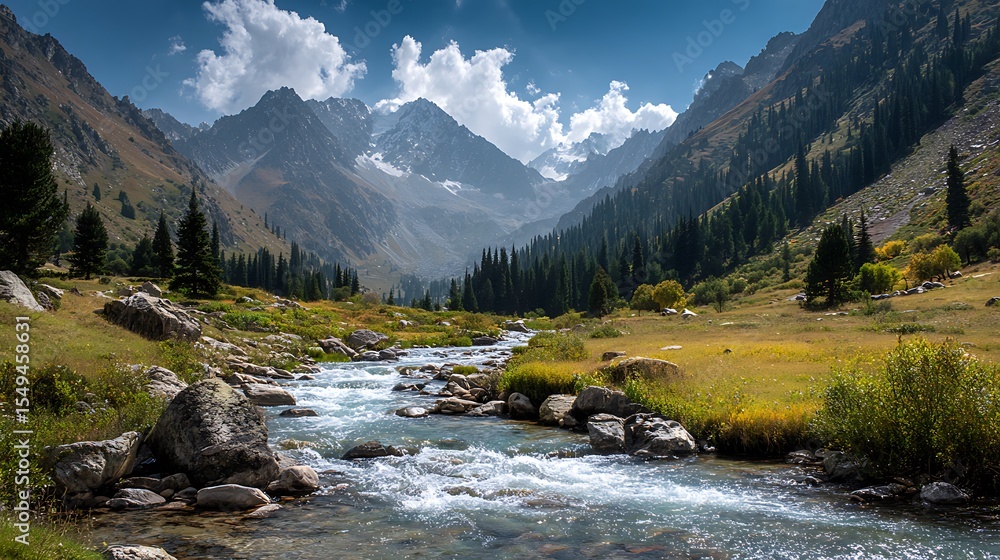 Obraz premium The ala archa national park in the tian shan mountains of bishkek kyrgyzstan River landscapes Ultra realistic Photorealistic landscape photographywater travel sky beautiful .