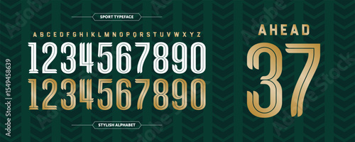 Ahead 37: Bold green stylish number. Sport jersey design concept with gold color combination. Custom sport uniform vector illustration.