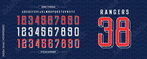 Rangers 38: Sport lines number design. Jersey concept with good red-blue color combination. Typography condensed Vector illustration