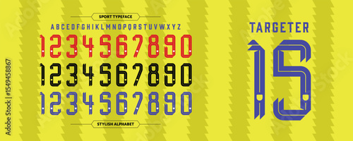 Targeter 15: A vintage sport number concept with bold inline style. Classic jersey look in red, yellow, and blue. Ideal for team designs, apparel, and retro sport branding.