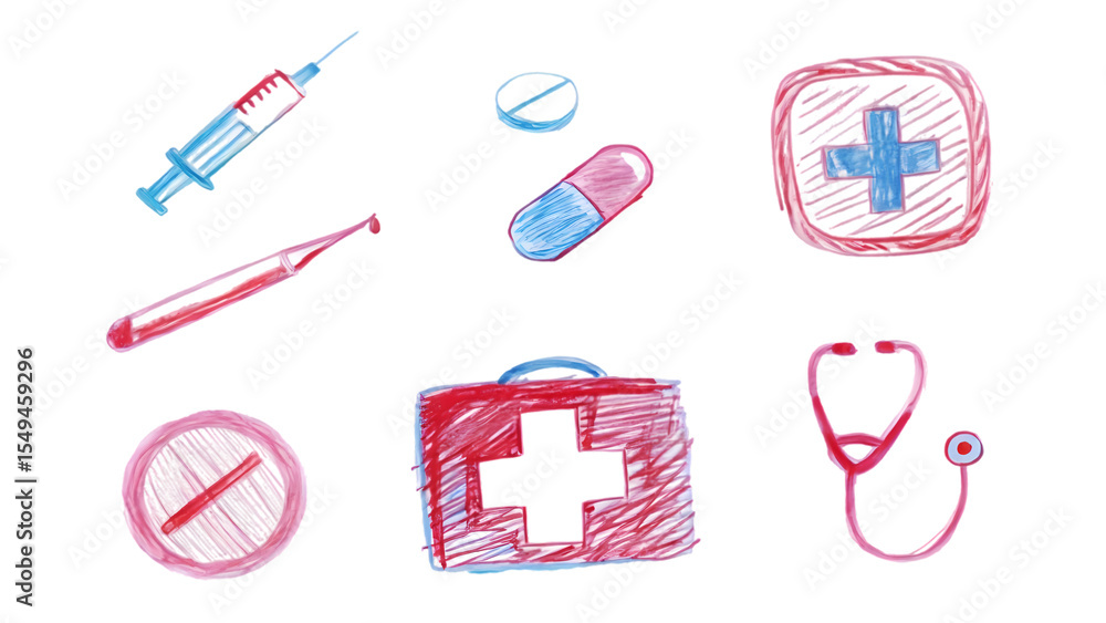 Hand Drawn Pencil Sketch Set of Medical and Healthcare Icons – Syringe, Pills, Bandage, Thermometer, Heartbeat Isolated Hand Drawn Pencil Sketch Set of Medical and Healthcare Icons – Syringe, Pills, Bandage, Thermometer, Heartbeat Isolated
