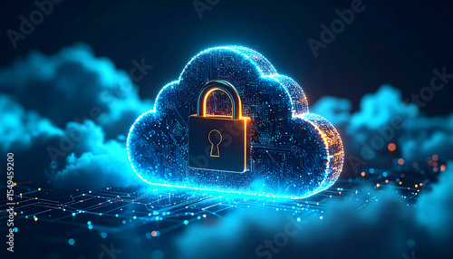 Cyber Security in Digital Sky: A glowing, digital cloud icon emblazoned with a padlock represents the pinnacle of online protection. Capturing a secure online environment 