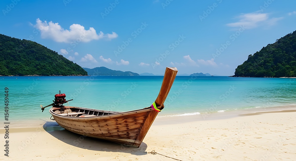 Idyllic tropical beach scene with a traditional wooden longtail boat at shore Idyllic tropical beach scene with a traditional wooden longtail boat at shore
