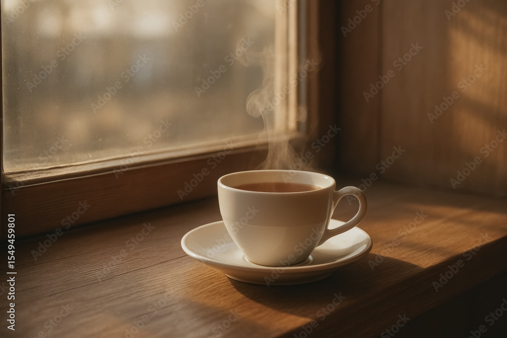 Steam rises from ceramic teacup on wooden sill bathed in dawn light—quiet ritual of warmth, comfort and mindfulness, generative AI Steam rises from ceramic teacup on wooden sill bathed in dawn light—quiet ritual of warmth, comfort and mindfulness, generative AI