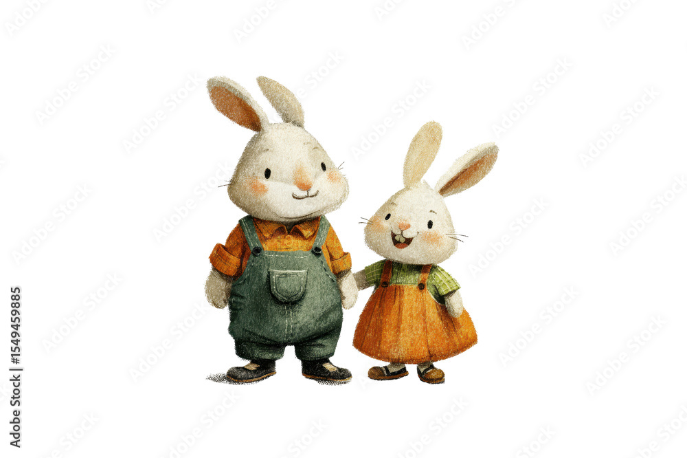 Obraz premium Adorable Cartoon Rabbits Holding Hands Cute Childrens Illustration Happy Bunny Pair