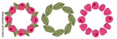 Set of three round wreaths made of raspberries and leaves. Hand drawn summer elements for packaging, branding or seasonal decor.