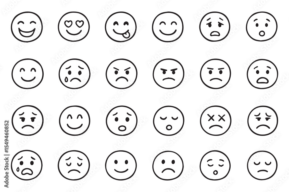 Set of black and white emoticons for World Emoji Day. July 17. Vector illustration on white background. Vector Set of black and white emoticons for World Emoji Day. July 17. Vector illustration on white background. Vector